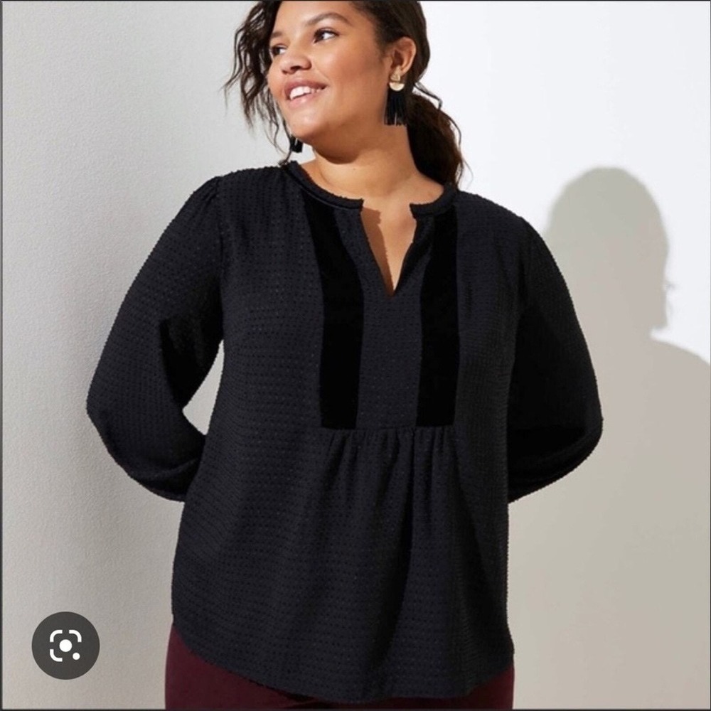 Loft Plus Velvet Trim Swiss‎ Dots Long Sleeve Blouse Black Size 16